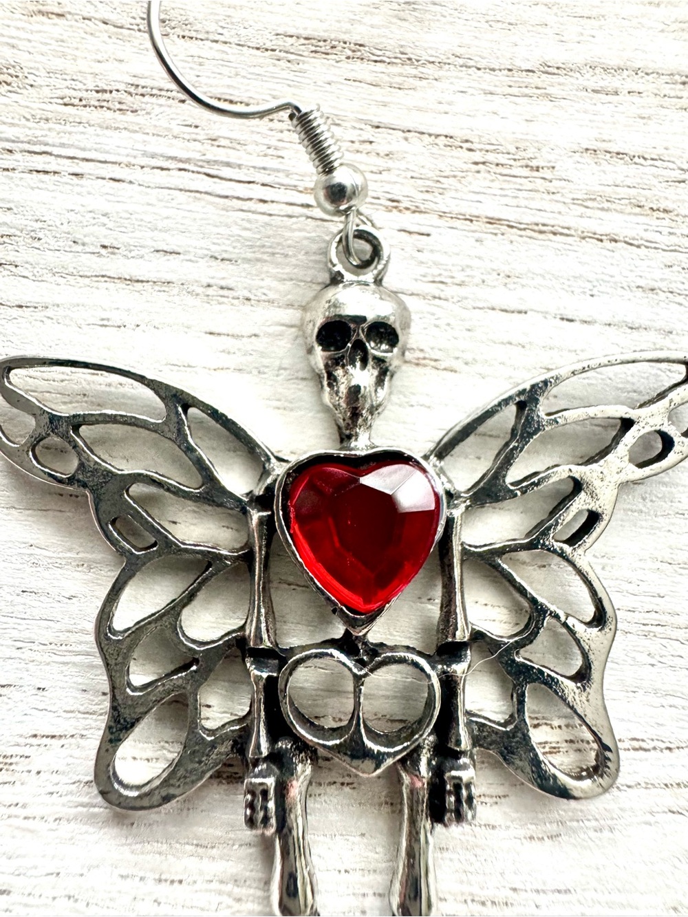 Silver Skeleton Fairy Earrings with Red Heart Gem 2” long - Picture 6 of 7